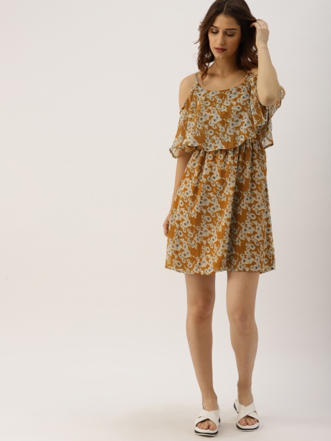 

Ms.Taken Women Mustard Yellow & Beige Printed A-Line Layered Dress