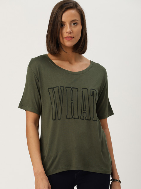 

Ms.Taken Women Olive Green Printed Round Neck T-shirt