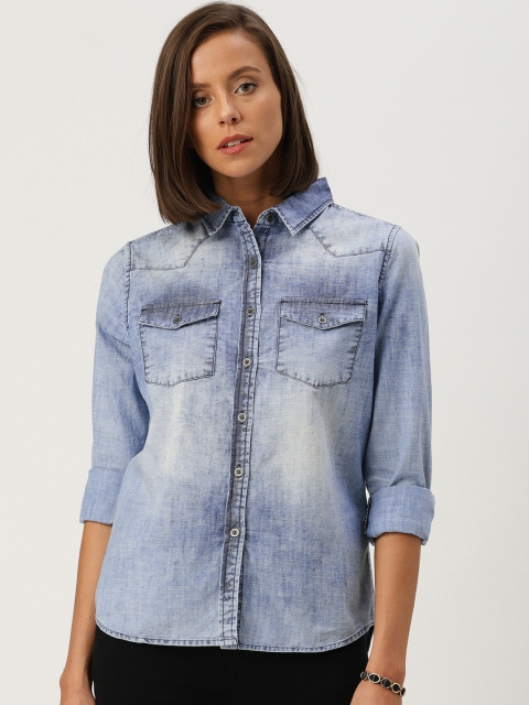 

Ms.Taken Women Blue Regular Fit Faded Denim Casual Shirt