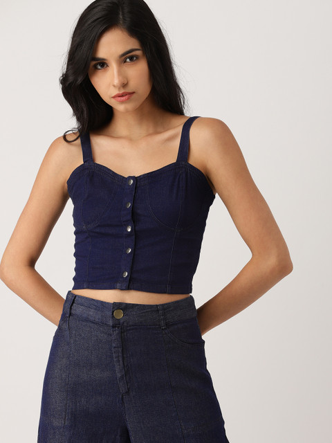 

Ms.Taken Women Blue Solid Chambray Fitted Crop Top