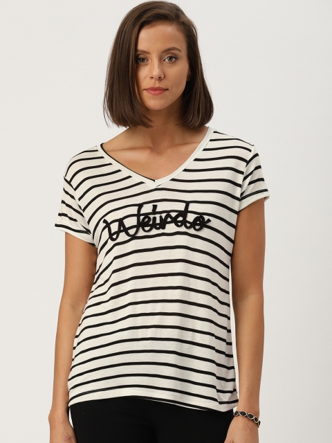 

Ms.Taken Women White Striped V-Neck T-shirt