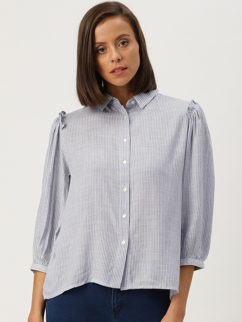 

Ms.Taken Women White & Blue Striped Shirt Style Top