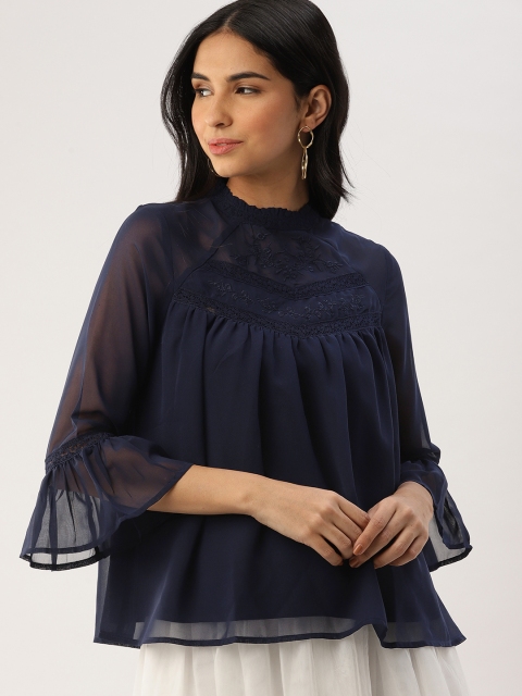 

Ms.Taken Women Navy Blue Solid Semi-Sheer Top