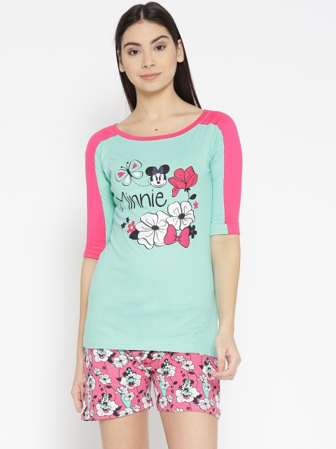 

July Nightwear Women Sea Green & Pink Printed Night Suit JDA139