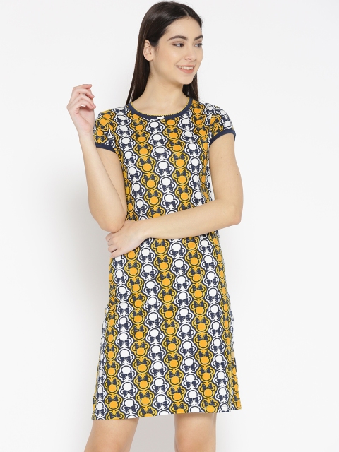 

July Nightwear Navy Blue & Mustard Yellow Printed Nightdress JDM137