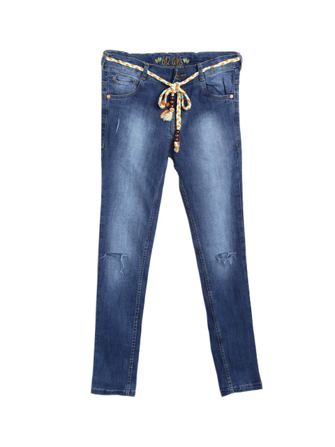 

612 league Girls Blue Regular Fit High-Rise Slash Knee Jeans
