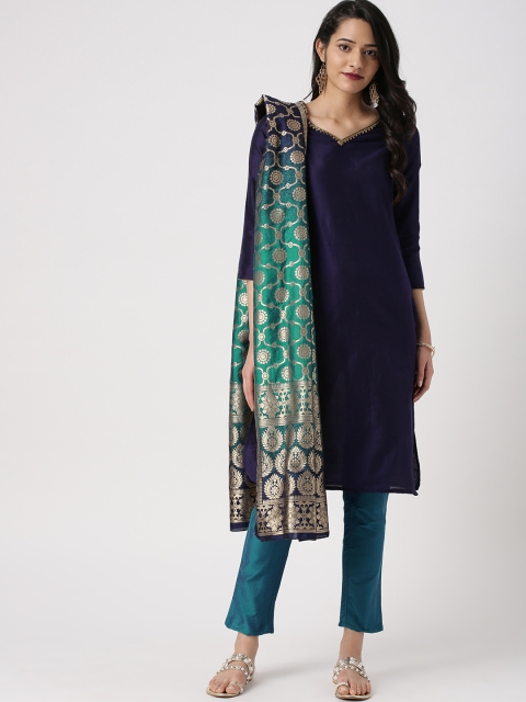 

IMARA Women Navy Blue & Turquoise Blue Solid Kurta with Trousers & Dupatta