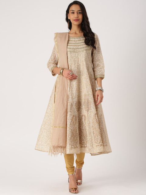 

IMARA Women Beige & Gold-Toned Printed Kurta with Churidar & Dupatta