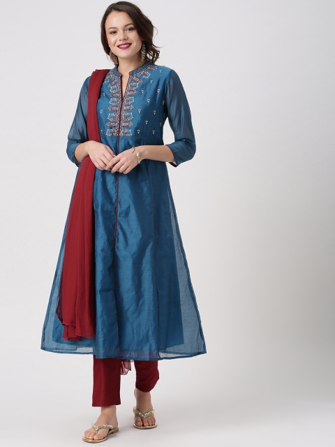 

IMARA Women Teal & Maroon Yoke Design Kurta with Trousers & Dupatta