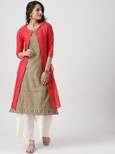 

IMARA Women Peach-Coloured & Grey Printed Layered A-Line Kurta