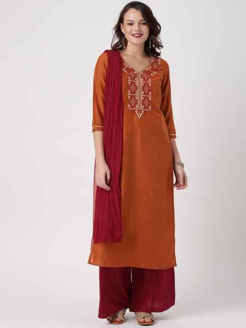 

IMARA Women Rust Brown & Maroon Solid Kurta with Palazzos & Dupatta