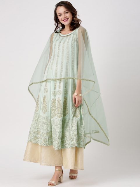 

IMARA Women Green Printed A-Line Panelled Kurta with Dupatta