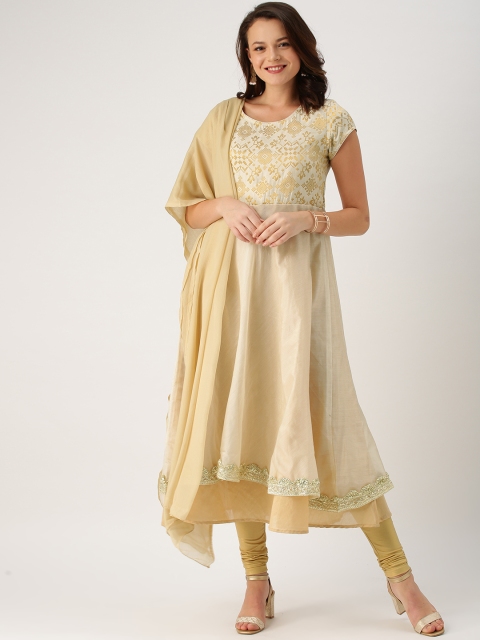 

IMARA Women Beige & Gold-Toned Embroidered Kurta with Churidar & Dupatta
