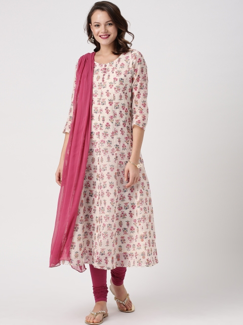

IMARA Women Off-White & Magenta Printed Kurta with Churidar & Dupatta