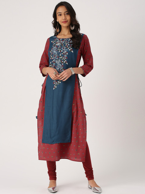 

IMARA Women Maroon & Navy Printed Layered Straight Kurta with Churidar