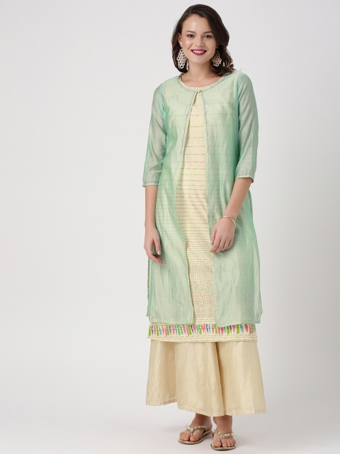 

IMARA Women Green & Beige Printed A-Line Layered Kurta