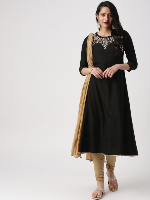 

IMARA Women Black & Beige Embroidered Kurta with Churidar & Dupatta
