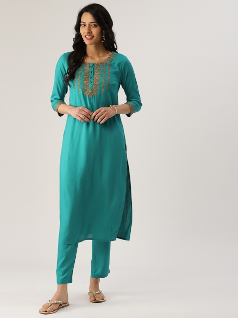 

IMARA Women Turquoise Blue Yoke Design Kurta with Trousers