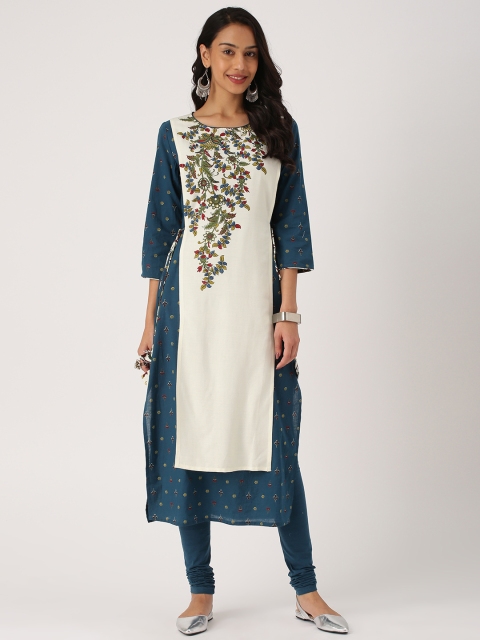 

IMARA Women Teal & Off-White Printed Kurta with Churidar