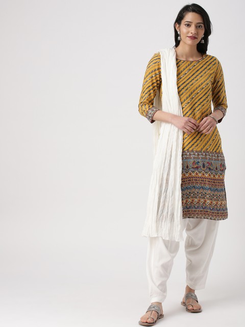

IMARA Women Mustard Yellow & White Printed Kurta with Salwar & Dupatta