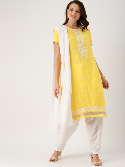 

IMARA Women Yellow & White Embroidered Kurta with Patiala & Dupatta