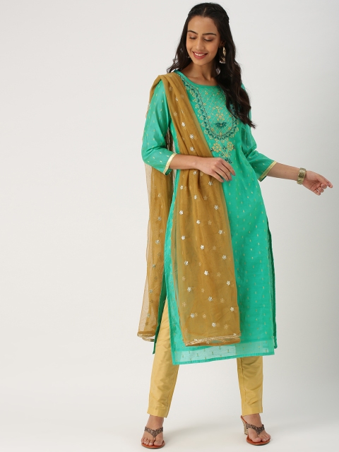 

IMARA Women Teal Green & Beige Embroidered Kurta with Trousers & Dupatta