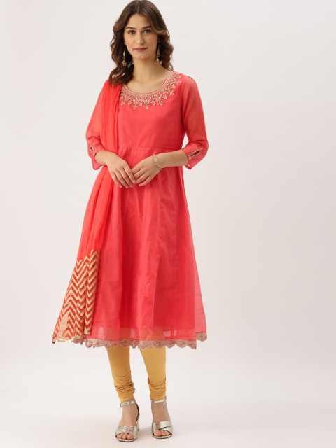 

IMARA Women Coral Pink & Yellow Yoke Design Kurta with Churidar & Dupatta