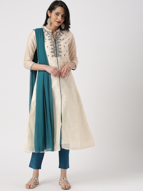 

IMARA Women Off-White & Teal Blue Embroided Kurta With Trousers & Dupatta