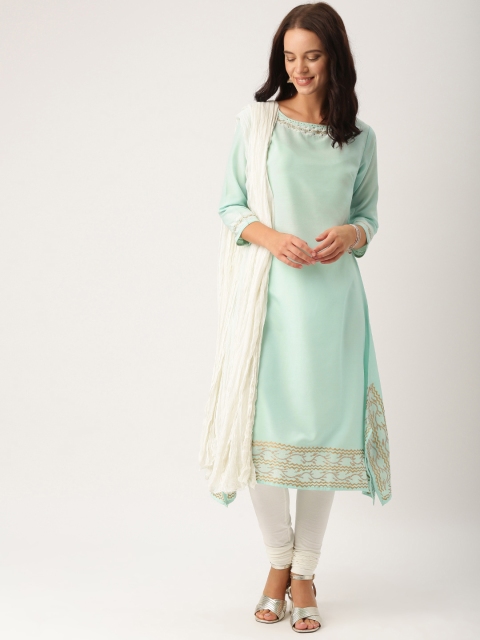 

IMARA Women Blue & Off-White Self Design Kurta with Chudidar & Dupatta