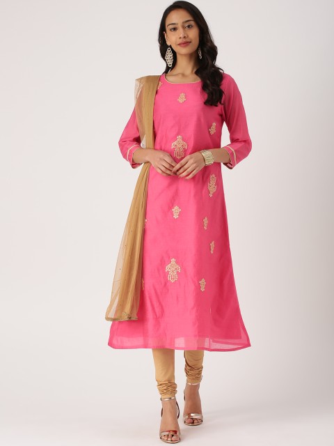 

IMARA Women Pink & Beige Embroidered Kurta with Churidar & Dupatta
