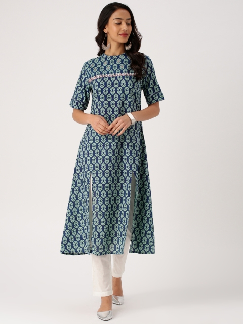 

IMARA Women Navy Blue & White Printed Kurta with Churidar