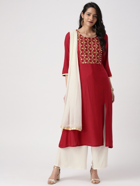 

IMARA Women Red & Off-White Embroidered Yoke Design Kurta With Palazzos & Dupatta