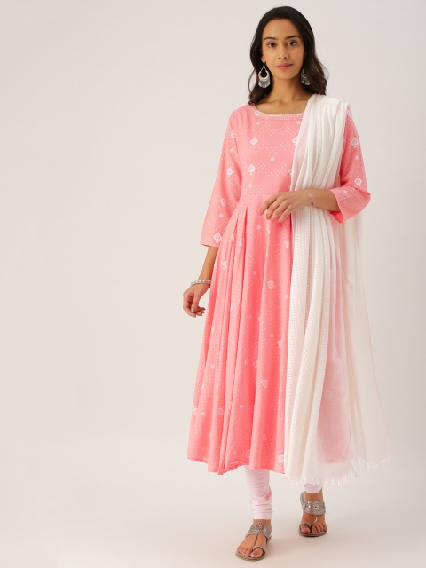 

IMARA Women Pink & White Printed Kurta with Churidar & Dupatta