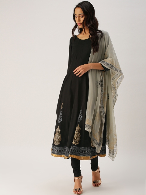 

IMARA Women Black & Grey Printed Kurta with Churidar & Dupatta