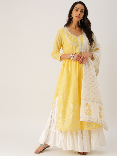 

IMARA Women Yellow & White Printed Kurta with Sharara & Dupatta