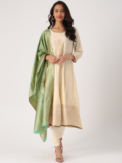 

IMARA Women Off-White & Green Printed Kurta with Churidar & Dupatta