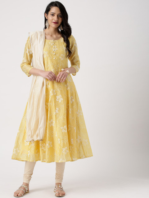 

IMARA Women Yellow & Beige Printed Kurta with Churidar & Dupatta