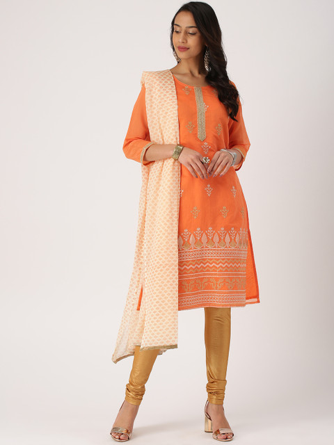 

IMARA Women Orange & Self Design Kurta with Churidar & Dupatta