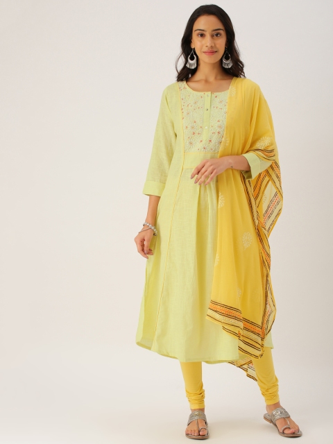 

IMARA Women Green & Yellow Solid Kurta with Churidar & Dupatta