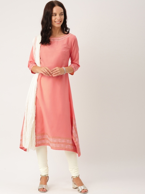 

IMARA Women Pink & Off-White Solid Kurta with Churidar & Dupatta