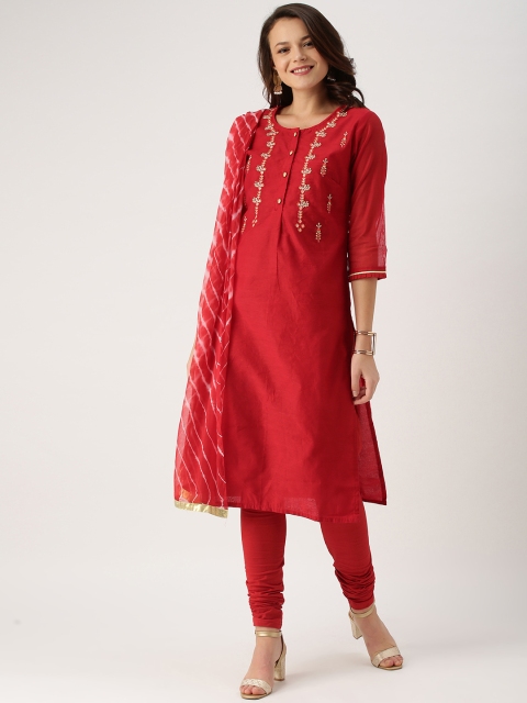 

IMARA Women Red Embroidered Kurta with Churidar & Dupatta