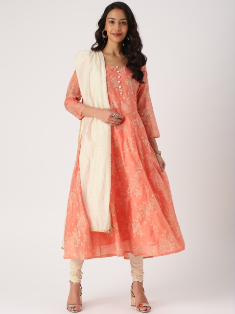 

IMARA Women Peach-Coloured & Off-White Printed Kurta With Churidar & Dupatta