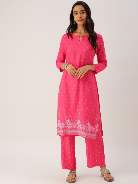 

IMARA Women Pink & White Printed Kurta with Trousers