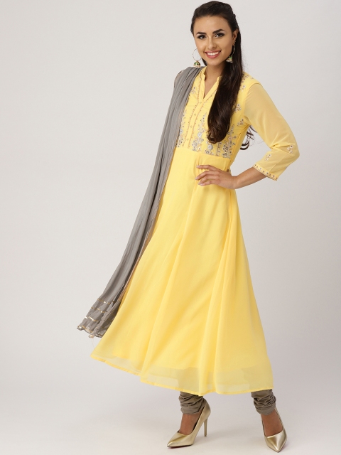 

IMARA Women Yellow & Grey Yoke Design Kurta with Churidar & Dupatta