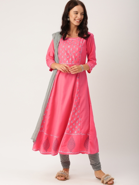 

IMARA Women Pink & Grey Printed Kurta with Trousers & Dupatta