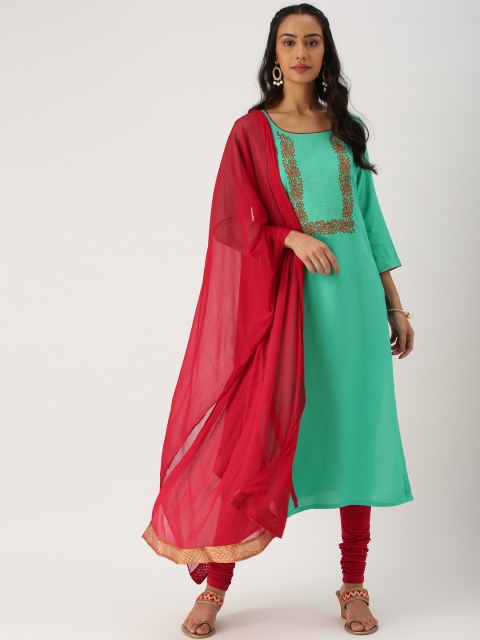 

IMARA Women Green & Red Yoke Design Kurta with Churidar & Dupatta