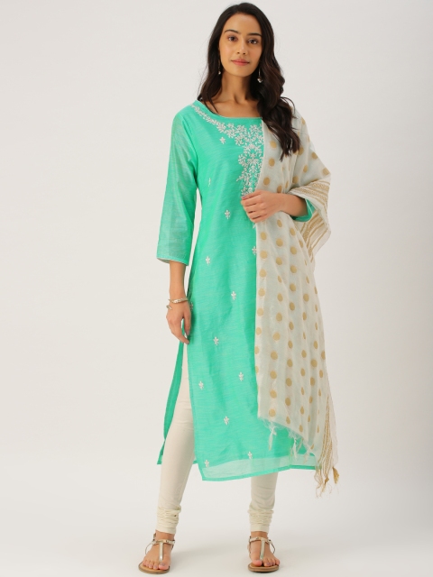 

IMARA Women Green & Off-White Embroidered Kurta With Leggings & Dupatta