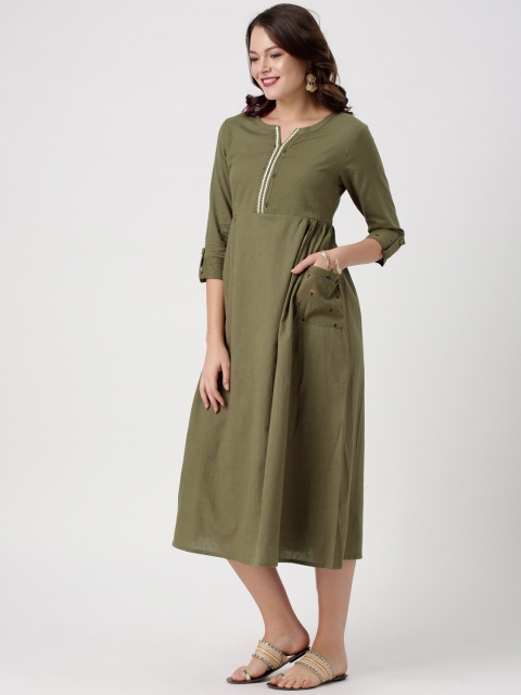 

IMARA Women Green Solid A-Line Midi Dress