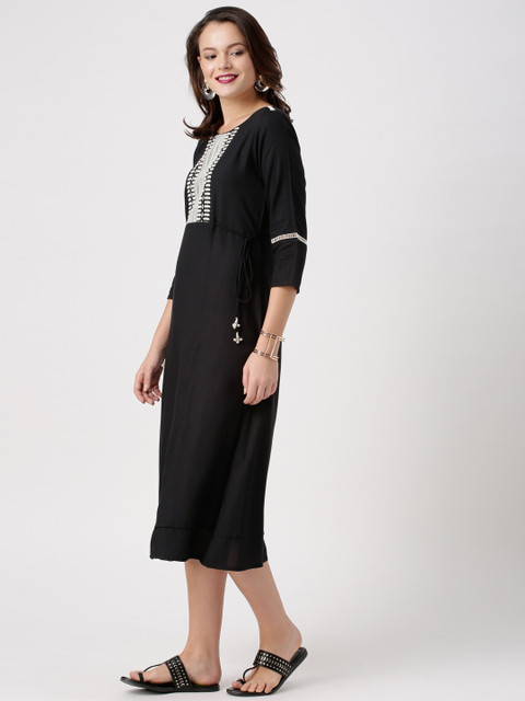 

IMARA Women Black Self Design A-Line Dress