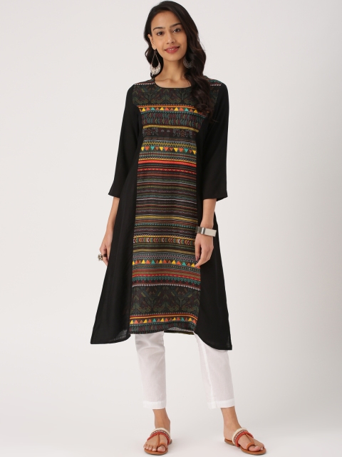 

IMARA Women Black Printed A-Line Asymmetric Panelled A-Line Kurta